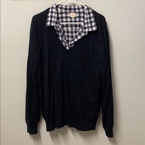 J. Crew navy sweater and checkered LS shirt